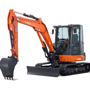 Mini-escavadora Kubota KX060-5 com braço reforçado e cabina moderna.