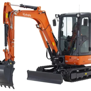 Mini-escavadora Kubota KX037-4 com lagartas de borracha em obra.